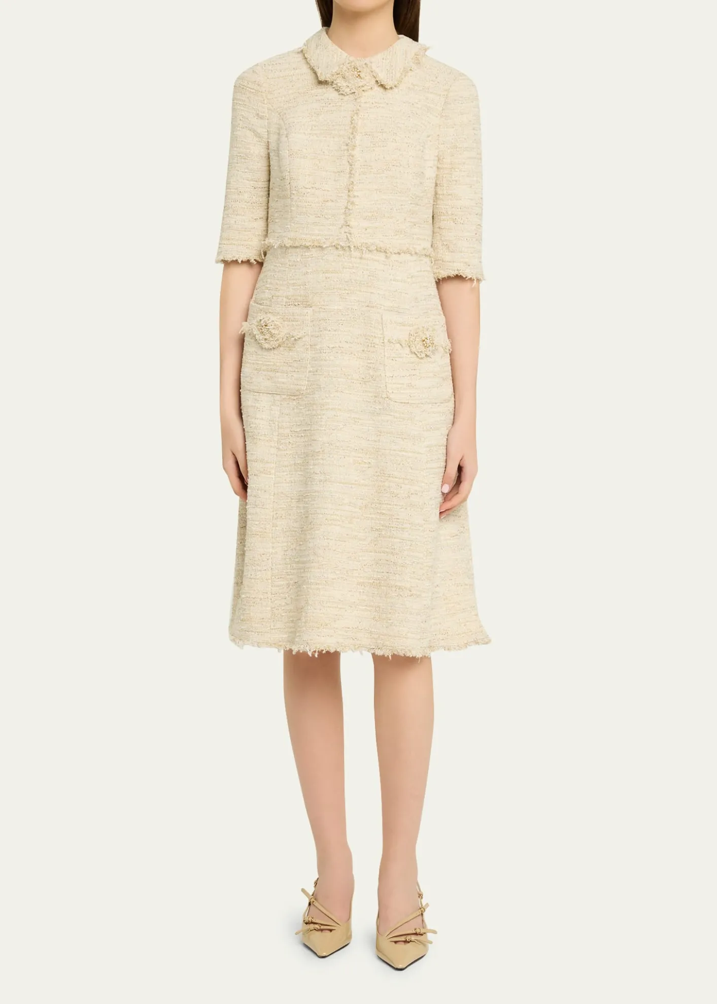 Rickie Freeman for Teri JonFringe-Trim Metallic Tweed Dress