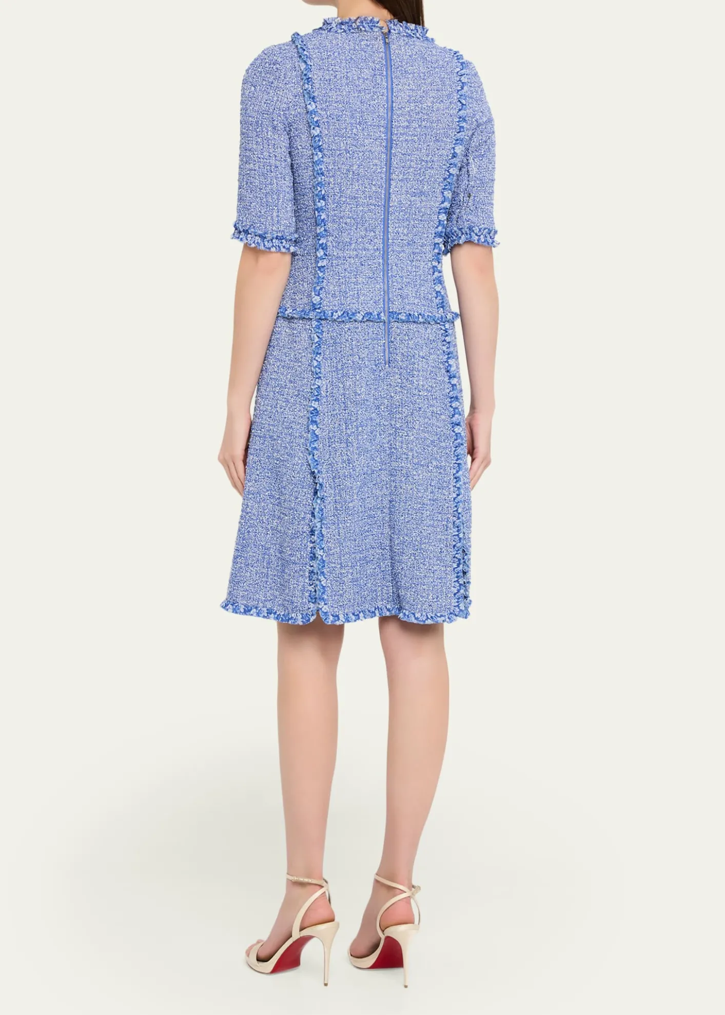 Rickie Freeman for Teri JonFrayed-Trim Woven Tweed Dress