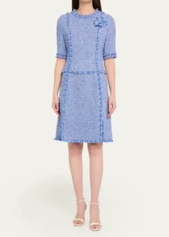 Rickie Freeman for Teri JonFrayed-Trim Woven Tweed Dress