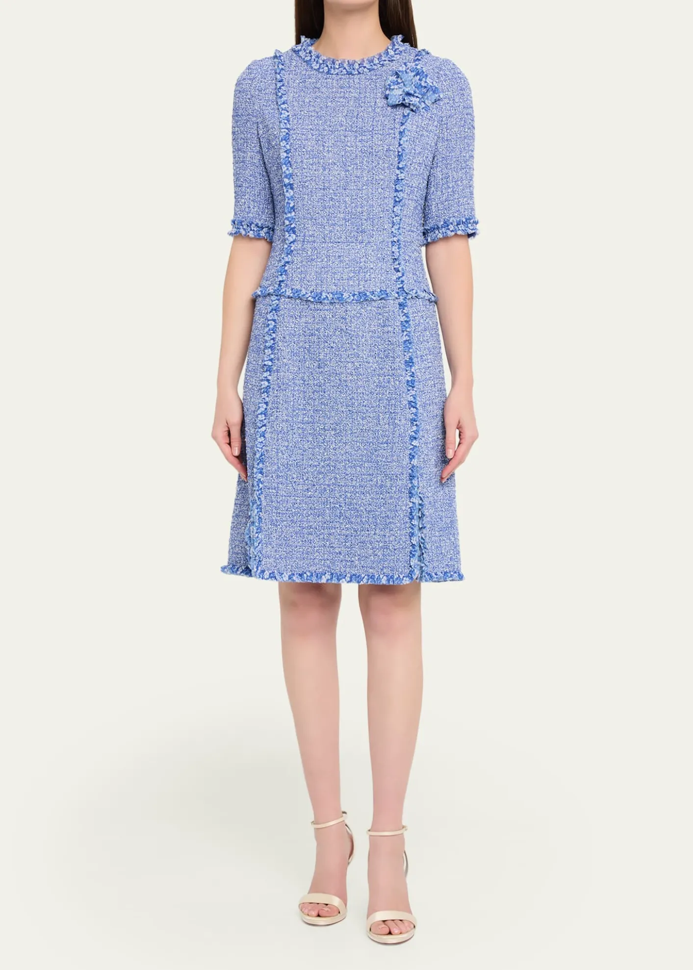 Rickie Freeman for Teri JonFrayed-Trim Woven Tweed Dress