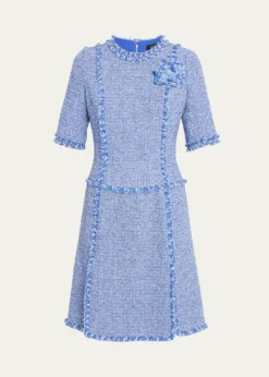 Rickie Freeman for Teri JonFrayed-Trim Woven Tweed Dress