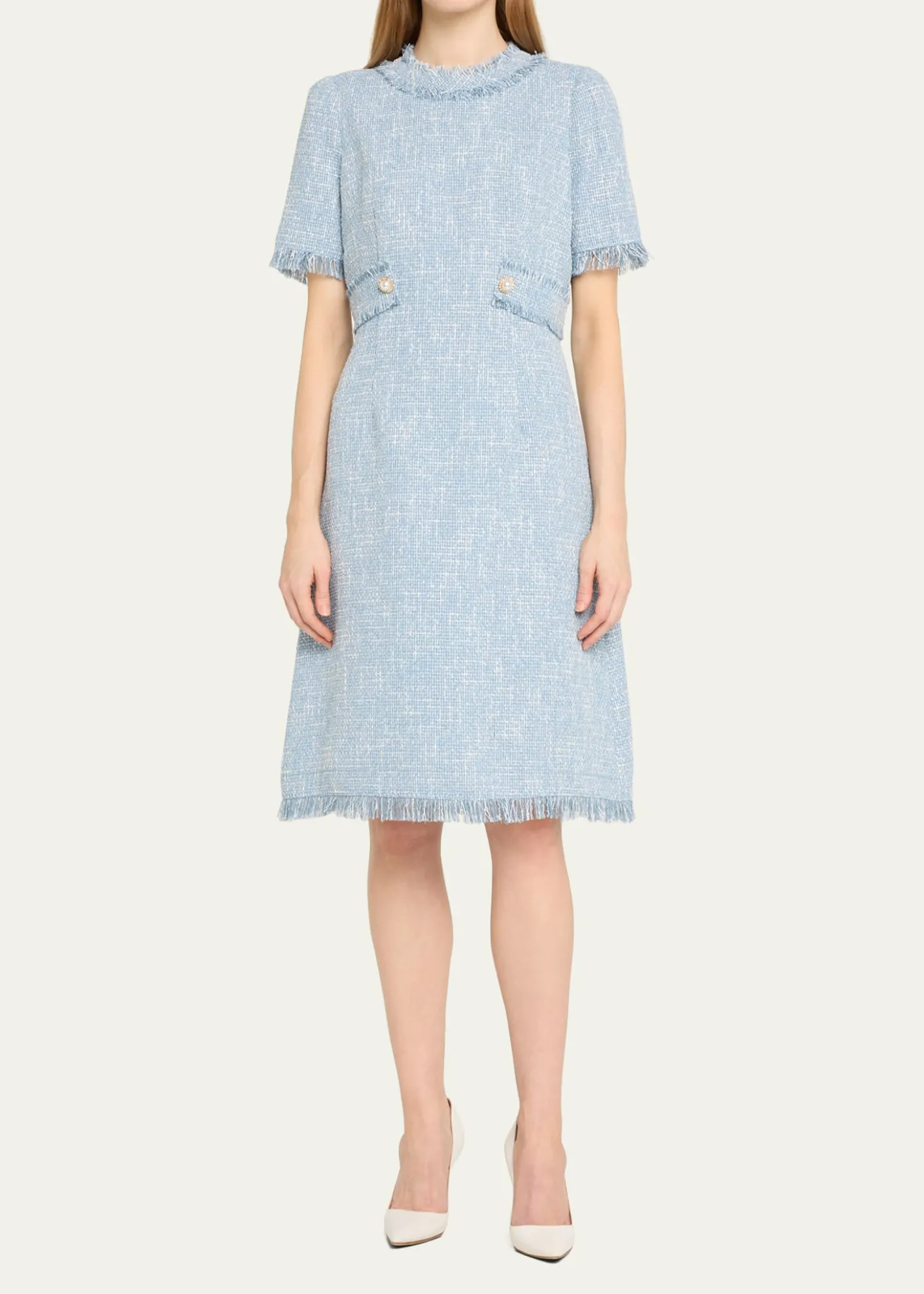 Rickie Freeman for Teri JonFringe-Trim Boucle Tweed Dress