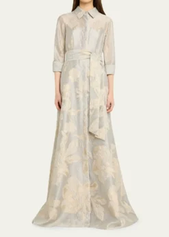 Rickie Freeman for Teri JonMetallic Floral Jacquard Shirt Gown