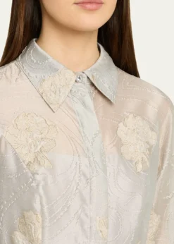 Rickie Freeman for Teri JonMetallic Floral Jacquard Shirt Gown