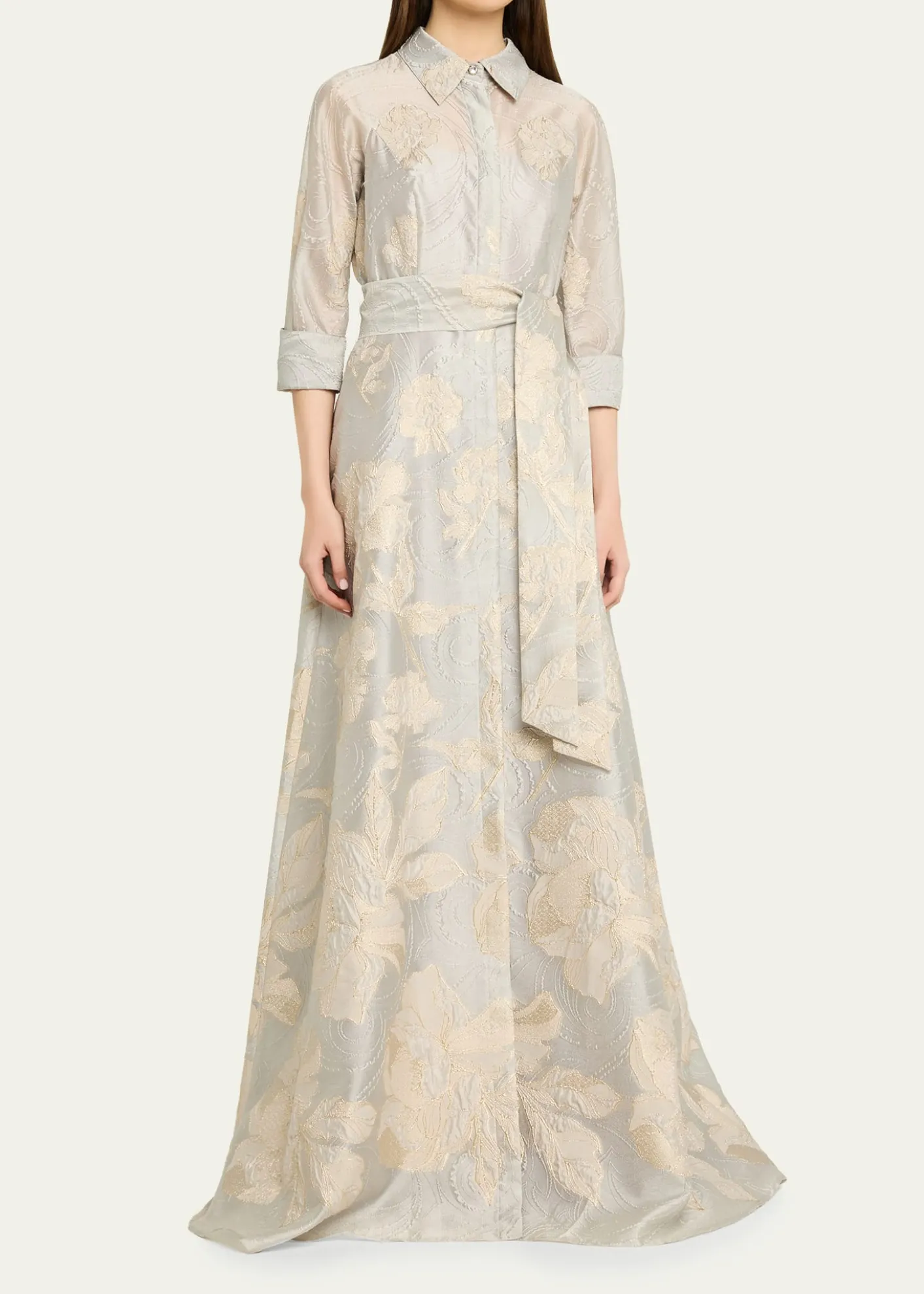 Rickie Freeman for Teri JonMetallic Floral Jacquard Shirt Gown