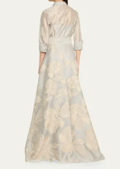 Rickie Freeman for Teri JonMetallic Floral Jacquard Shirt Gown