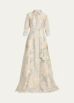 Rickie Freeman for Teri JonMetallic Floral Jacquard Shirt Gown