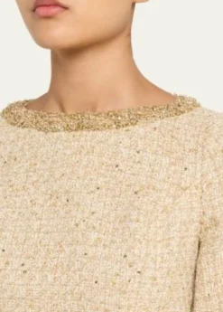Rickie Freeman for Teri JonMetallic Boucle Jewel-Trim A-Line Dress