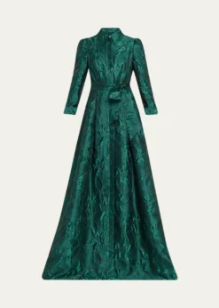 Rickie Freeman for Teri JonMetallic Jacquard Floral Shirt Gown