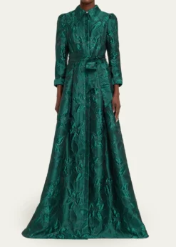 Rickie Freeman for Teri JonMetallic Jacquard Floral Shirt Gown
