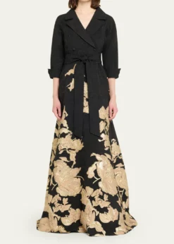 Rickie Freeman for Teri JonMetallic Floral Jacquard Shirt Gown
