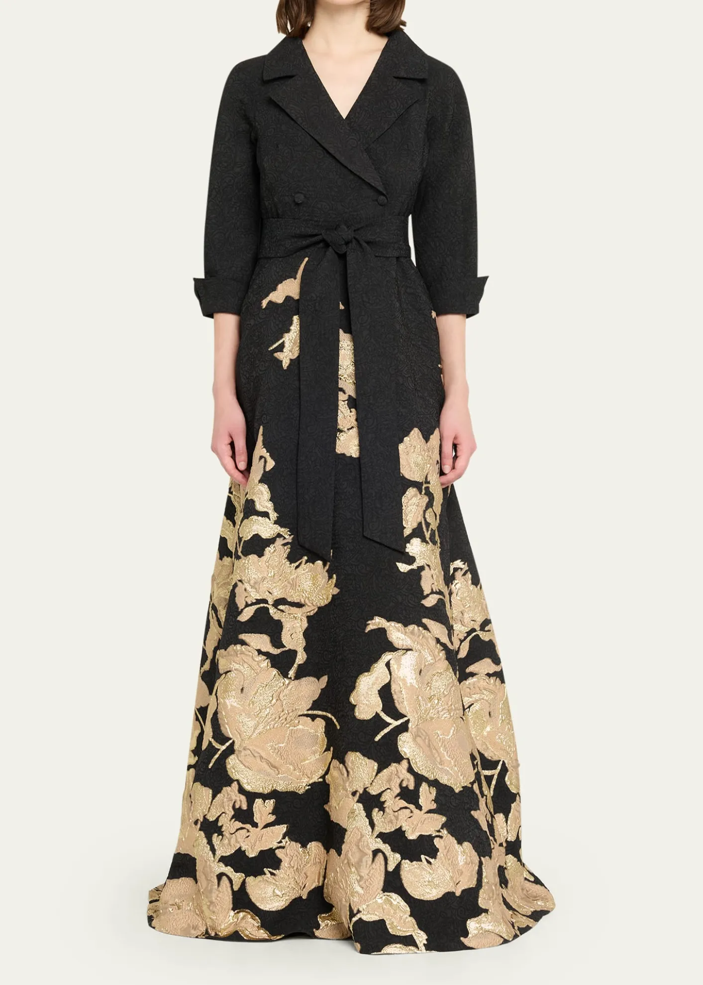 Rickie Freeman for Teri JonMetallic Floral Jacquard Shirt Gown