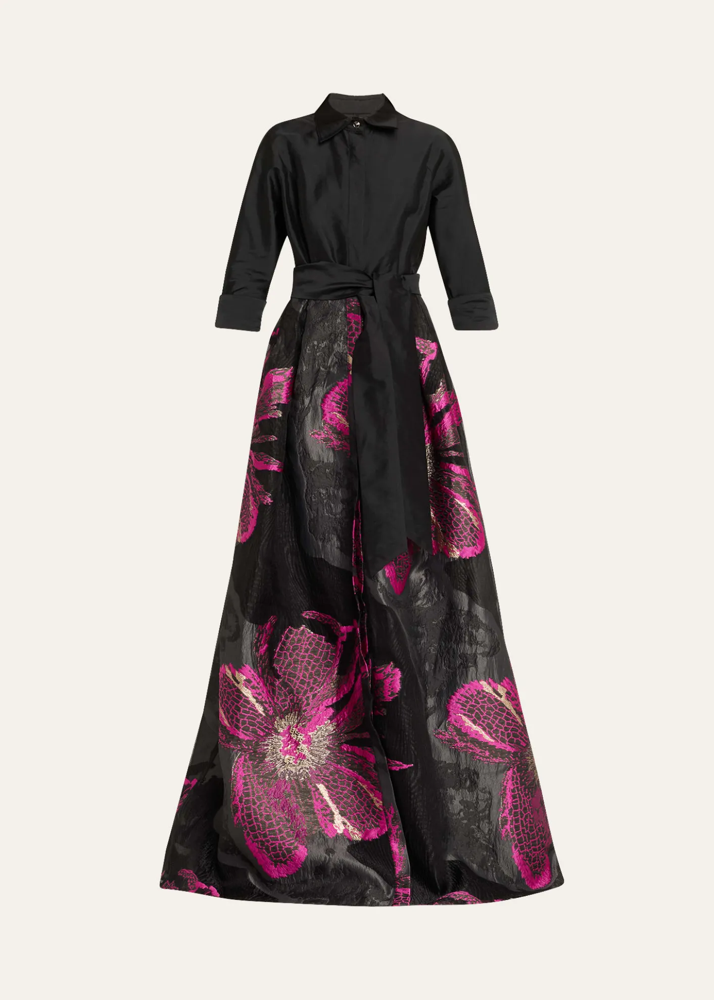 Rickie Freeman for Teri JonMetallic Floral Jacquard Shirt Gown