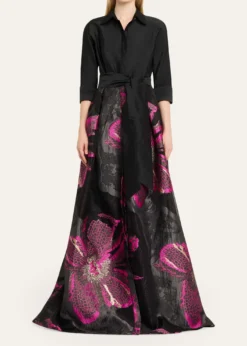 Rickie Freeman for Teri JonMetallic Floral Jacquard Shirt Gown