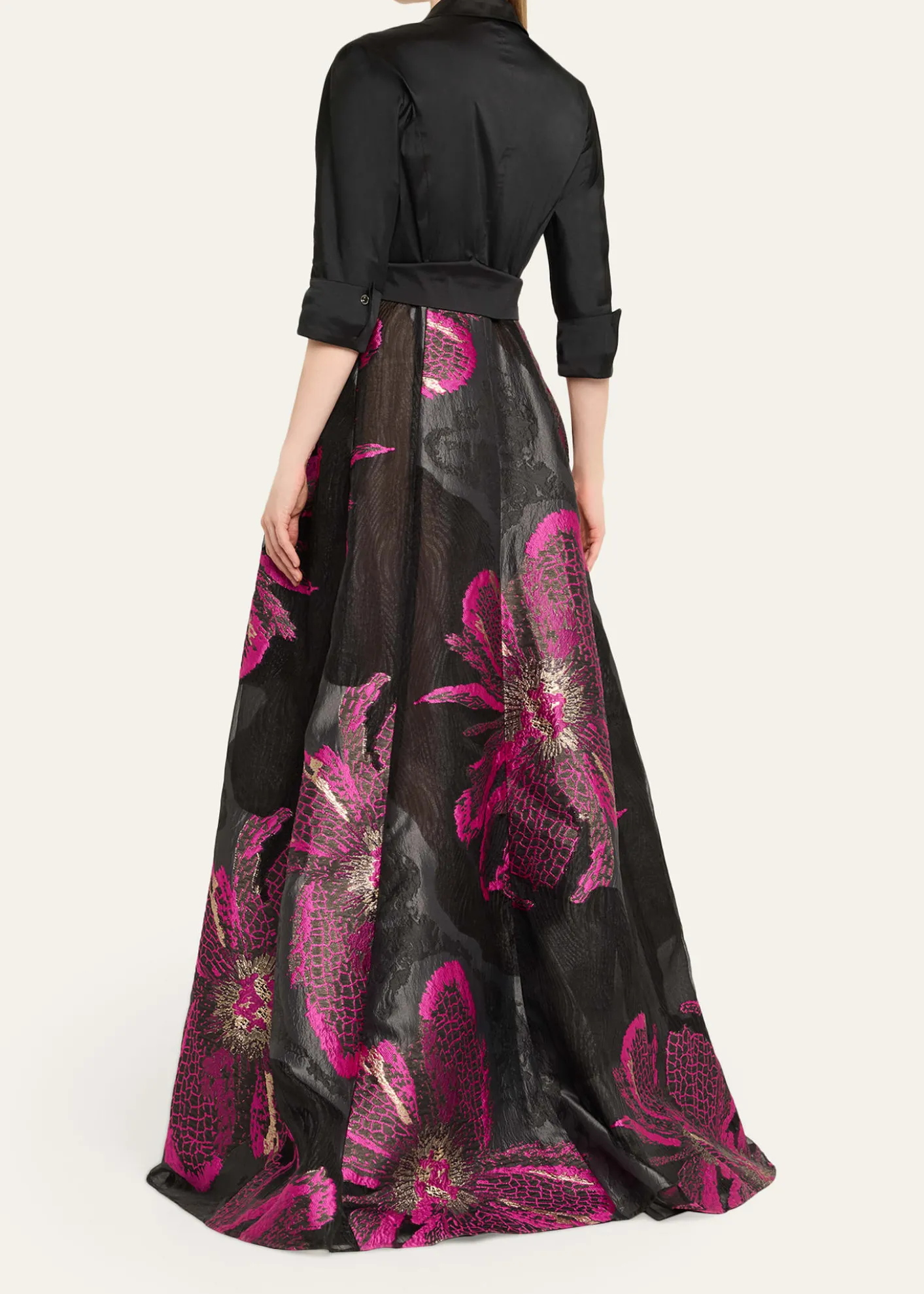 Rickie Freeman for Teri JonMetallic Floral Jacquard Shirt Gown
