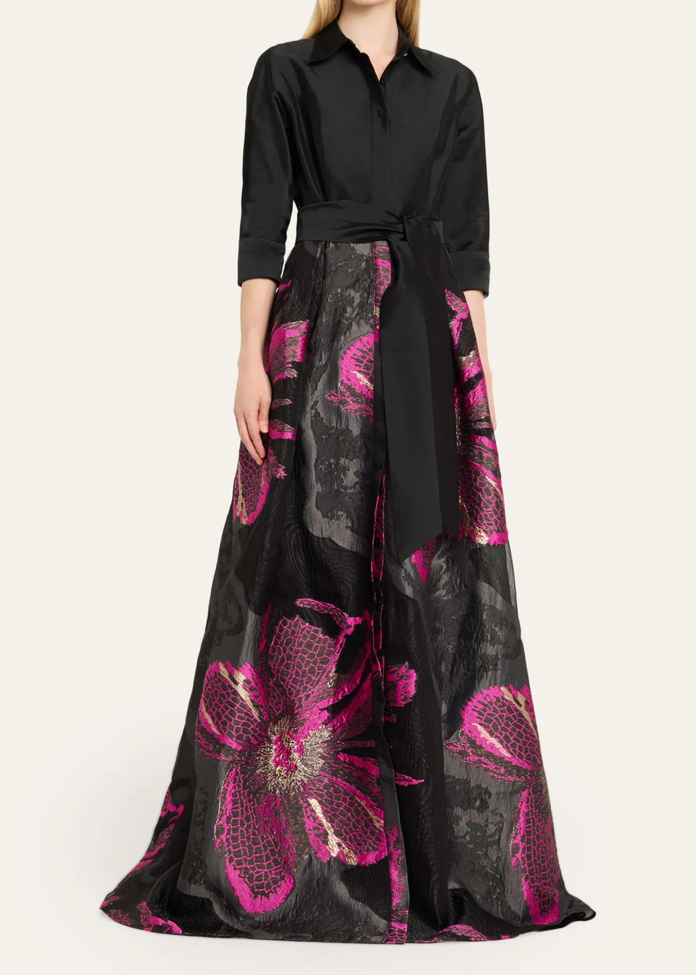 Rickie Freeman for Teri JonMetallic Floral Jacquard Shirt Gown
