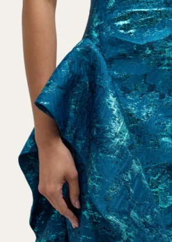 Rickie Freeman for Teri JonMetallic Jacquard One-Shoulder Side-Ruffle Gown