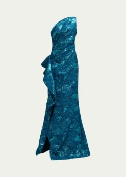 Rickie Freeman for Teri JonMetallic Jacquard One-Shoulder Side-Ruffle Gown