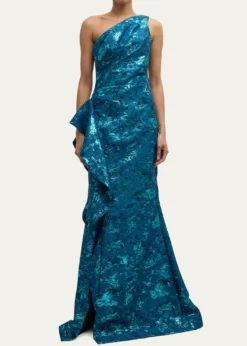 Rickie Freeman for Teri JonMetallic Jacquard One-Shoulder Side-Ruffle Gown