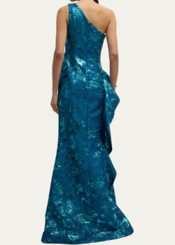 Rickie Freeman for Teri JonMetallic Jacquard One-Shoulder Side-Ruffle Gown