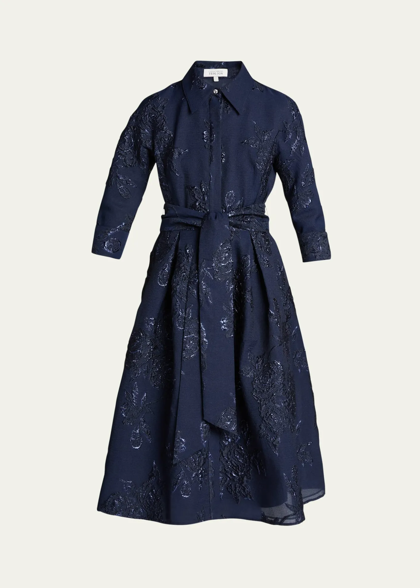 Rickie Freeman for Teri JonMetallic Jacquard Belted Shirtdress