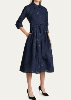Rickie Freeman for Teri JonMetallic Jacquard Belted Shirtdress