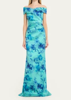 Rickie Freeman for Teri JonOff-Shoulder Floral Gazar Column Gown