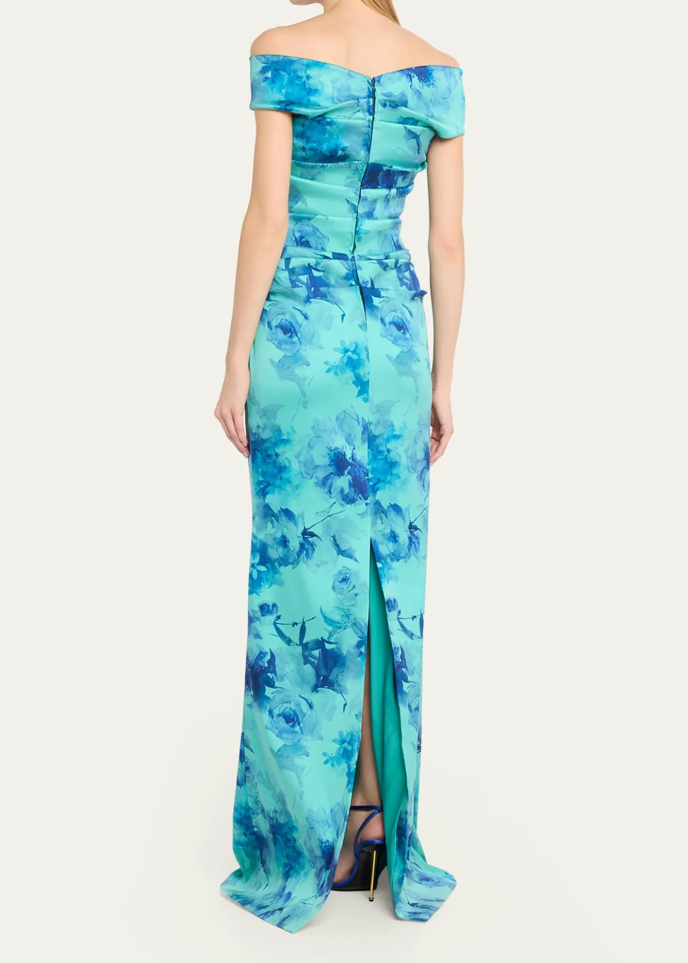 Rickie Freeman for Teri JonOff-Shoulder Floral Gazar Column Gown