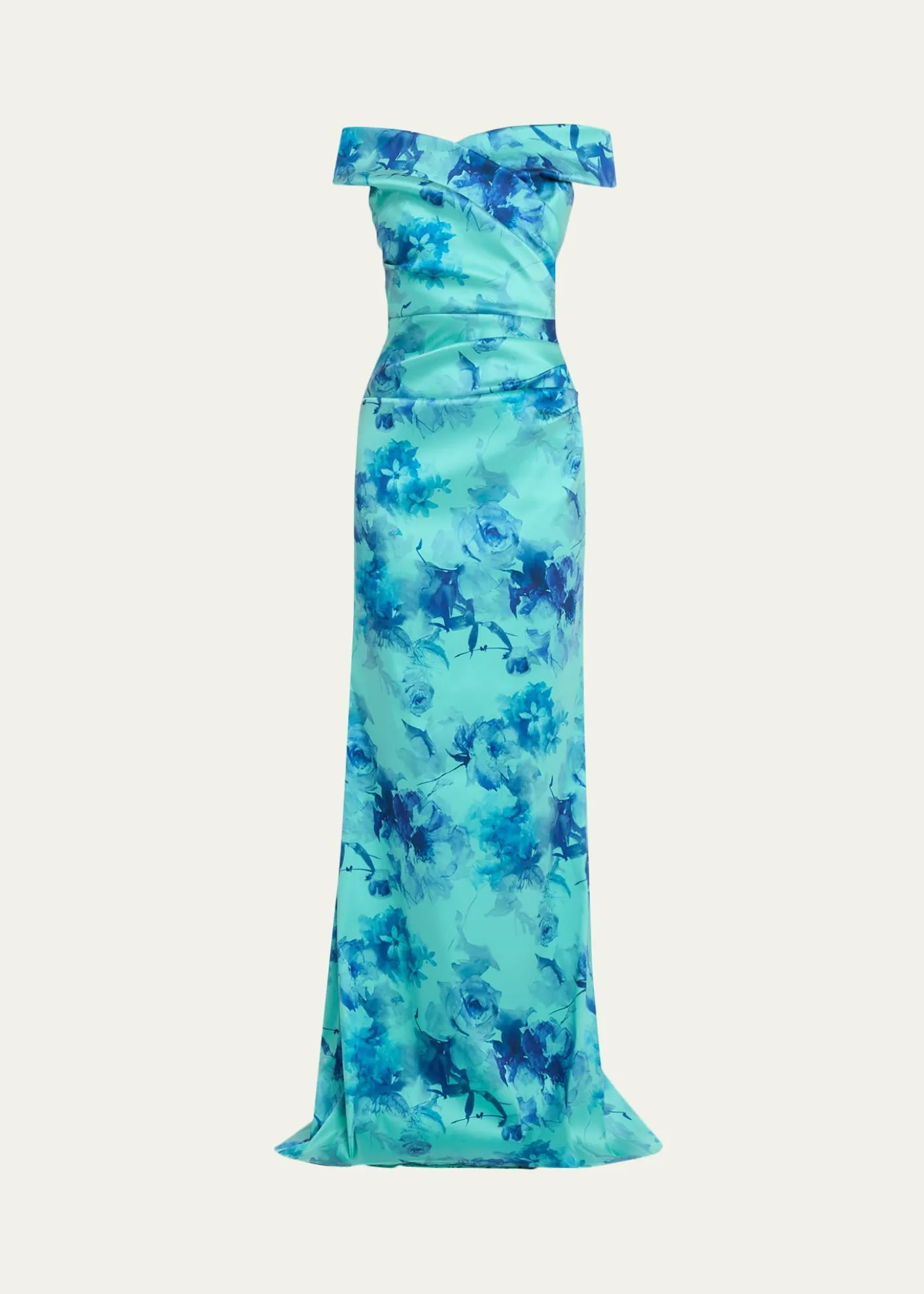 Rickie Freeman for Teri JonOff-Shoulder Floral Gazar Column Gown