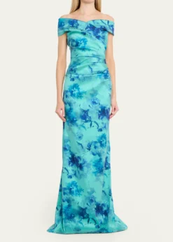 Rickie Freeman for Teri JonOff-Shoulder Floral Gazar Column Gown