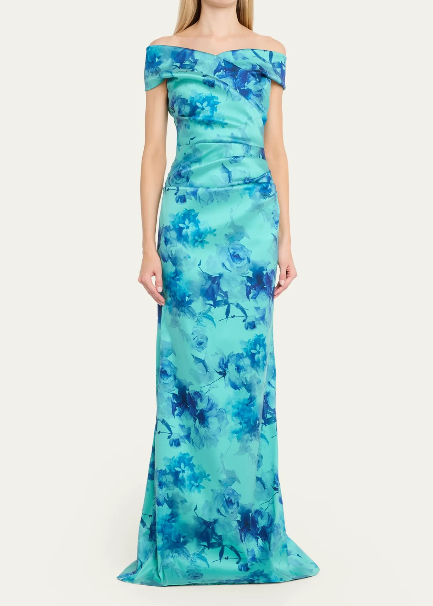 Rickie Freeman for Teri JonOff-Shoulder Floral Gazar Column Gown