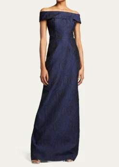 Rickie Freeman for Teri JonOff-Shoulder Jacquard Column Gown