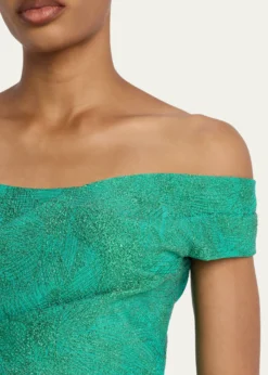 Rickie Freeman for Teri JonOff-Shoulder Metallic Jacquard Column Gown