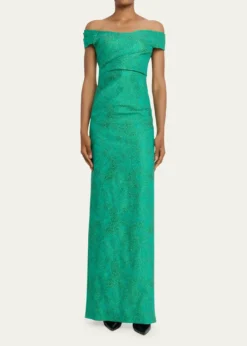 Rickie Freeman for Teri JonOff-Shoulder Metallic Jacquard Column Gown
