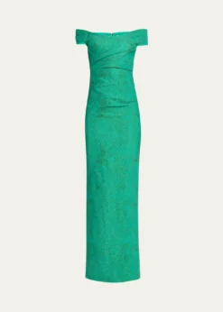 Rickie Freeman for Teri JonOff-Shoulder Metallic Jacquard Column Gown