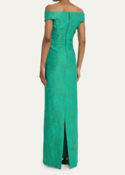 Rickie Freeman for Teri JonOff-Shoulder Metallic Jacquard Column Gown