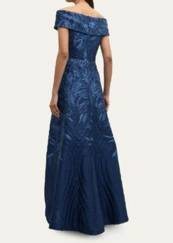 Rickie Freeman for Teri JonOff-Shoulder Metallic Jacquard Gown