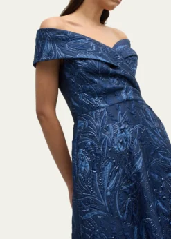 Rickie Freeman for Teri JonOff-Shoulder Metallic Jacquard Gown