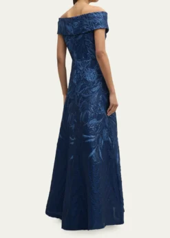 Rickie Freeman for Teri JonOff-Shoulder Metallic Jacquard Gown