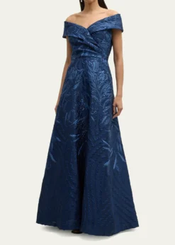 Rickie Freeman for Teri JonOff-Shoulder Metallic Jacquard Gown
