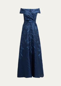 Rickie Freeman for Teri JonOff-Shoulder Metallic Jacquard Gown