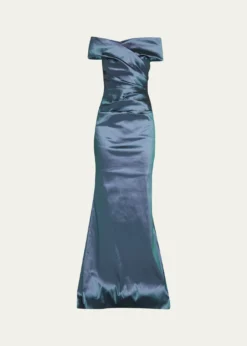 Rickie Freeman for Teri JonOff-Shoulder Ruched Taffeta Gown