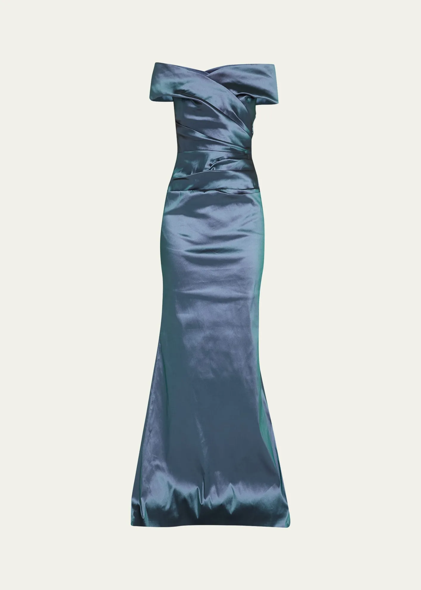 Rickie Freeman for Teri JonOff-Shoulder Ruched Taffeta Gown