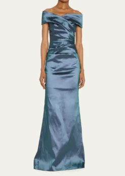 Rickie Freeman for Teri JonOff-Shoulder Ruched Taffeta Gown