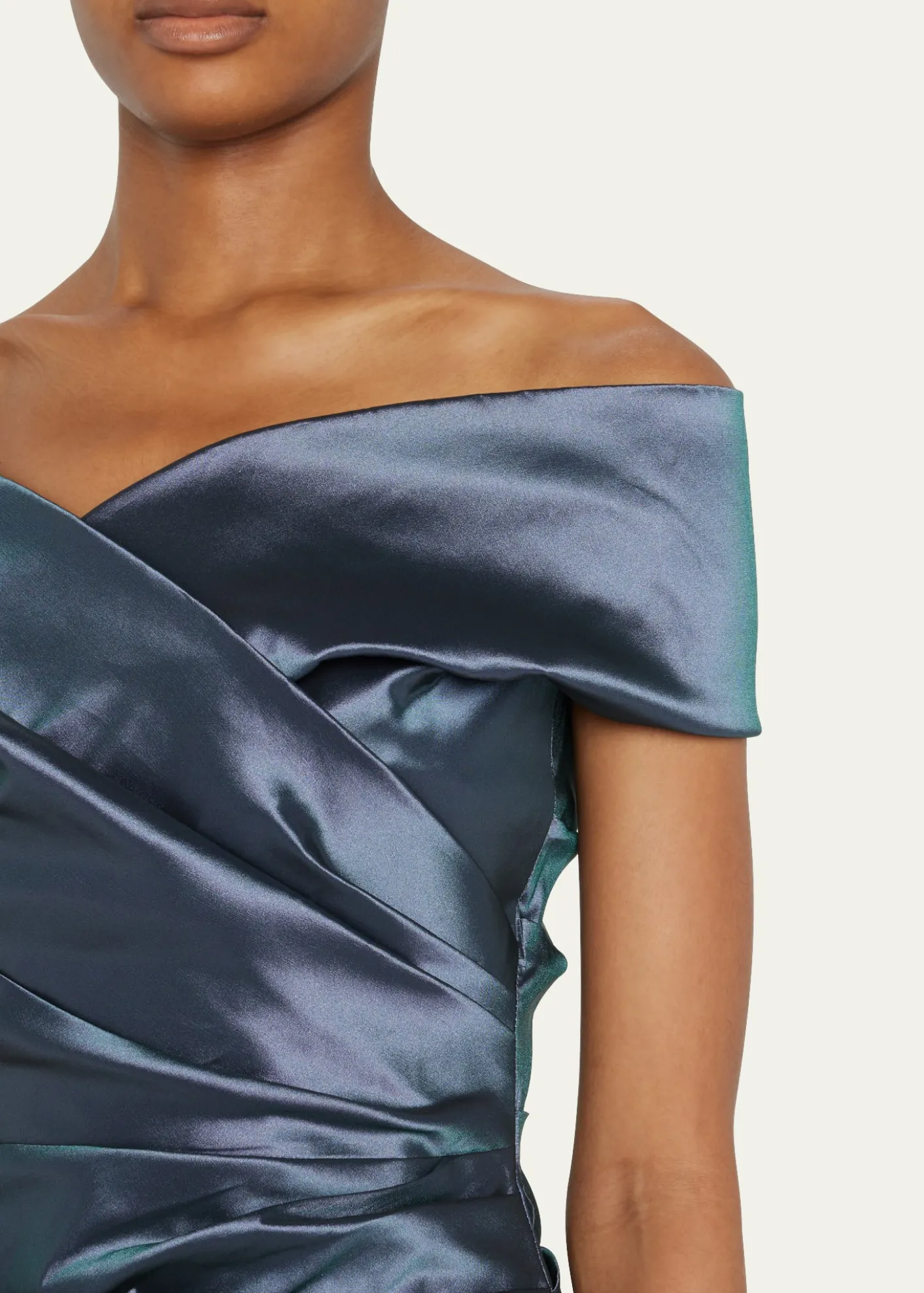 Rickie Freeman for Teri JonOff-Shoulder Ruched Taffeta Gown
