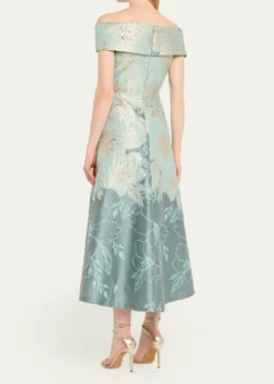 Rickie Freeman for Teri JonOff-Shoulder Metallic Jacquard Midi Dress