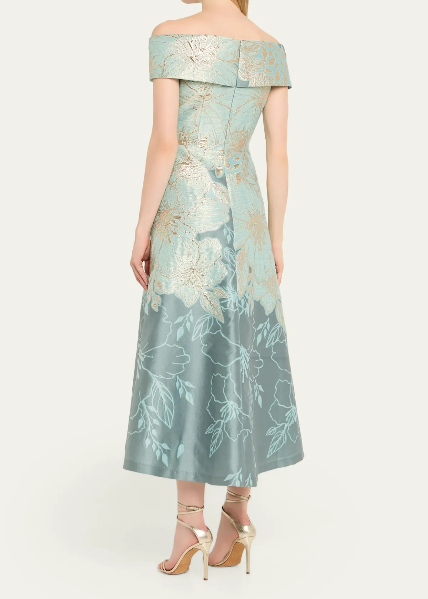 Rickie Freeman for Teri JonOff-Shoulder Metallic Jacquard Midi Dress