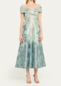 Rickie Freeman for Teri JonOff-Shoulder Metallic Jacquard Midi Dress