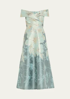 Rickie Freeman for Teri JonOff-Shoulder Metallic Jacquard Midi Dress