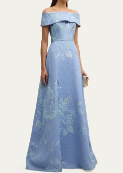 Rickie Freeman for Teri JonOff-Shoulder Metallic Flower Jacquard Gown